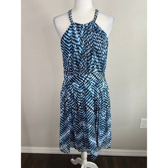 Calvin Klein Pleated Dress Women's 12 Halter Chain Blue Chevron Fit & Flare - Picture 1 of 8